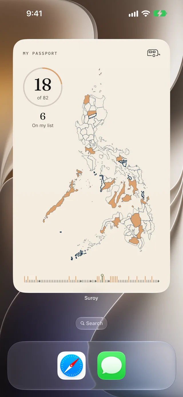 The full page Suroy widget on an iPhone Home Screen: the map, 18 of 82 and the Spine