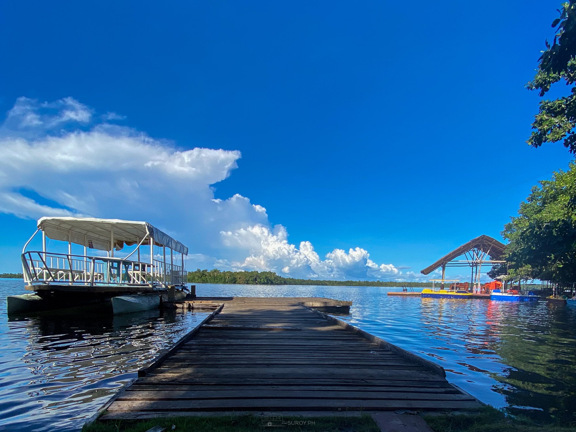 Wooden jetty at Lake Danao on Camotes with a canopied pontoon boat moored alongside and a nipa hut across the water