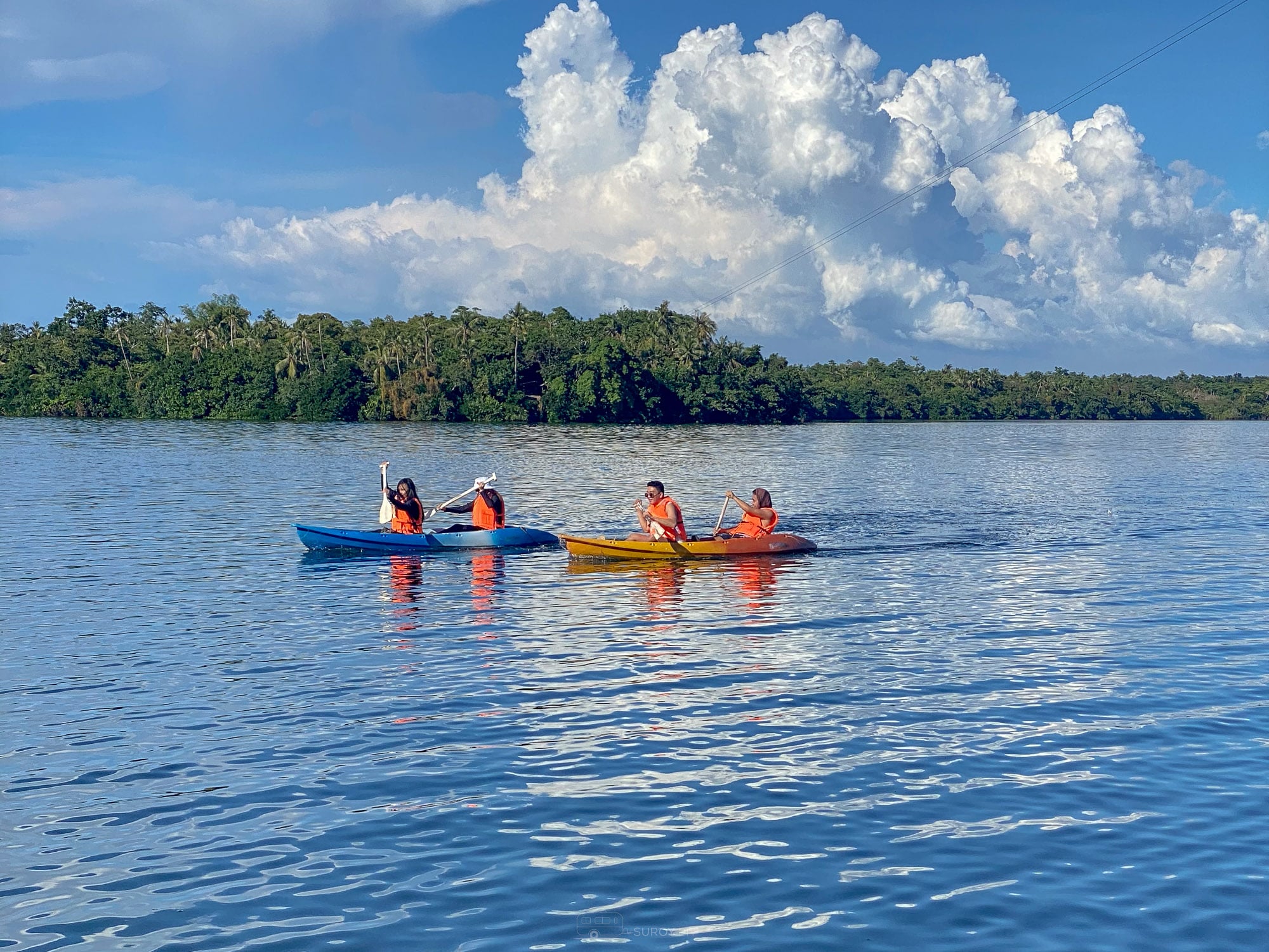 Three people paddling two kayaks on Lake Danao with the wooded shoreline behind them