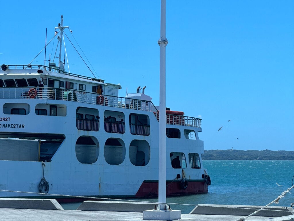 A white passenger ferry lying alongside the quay at Dumangas Port on a bright day