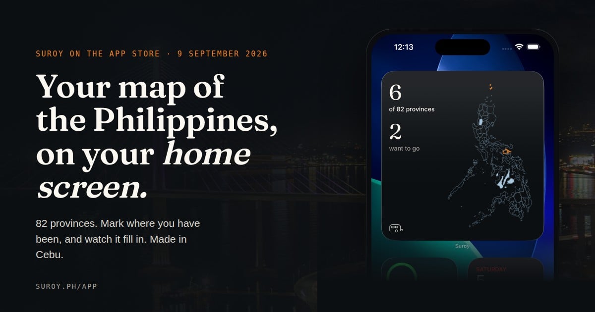 Suroy on the App Store: an iPhone home screen with the Passport widget, a map of the Philippines with the provinces you have been to filled in