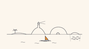 A flat line illustration of four islands on one horizon, a flat one with a palm, one with a lighthouse, one with a cave and one with fish below the water, and a small boat with an orange sail.