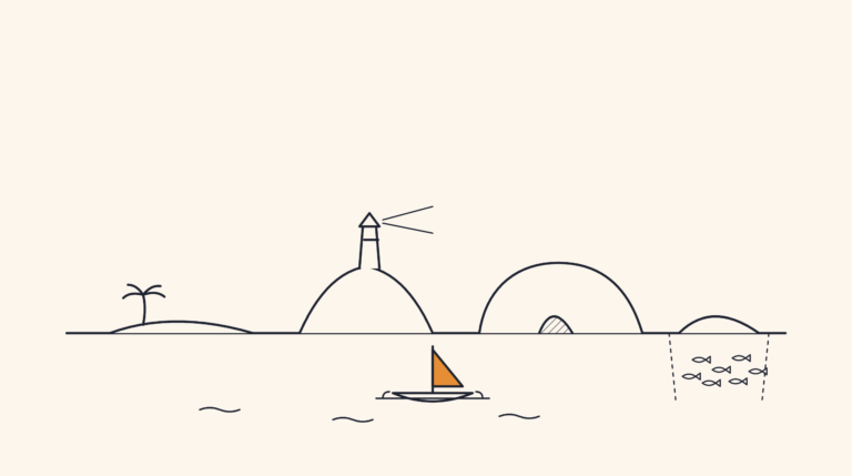A flat line illustration of four islands on one horizon, a flat one with a palm, one with a lighthouse, one with a cave and one with fish below the water, and a small boat with an orange sail.