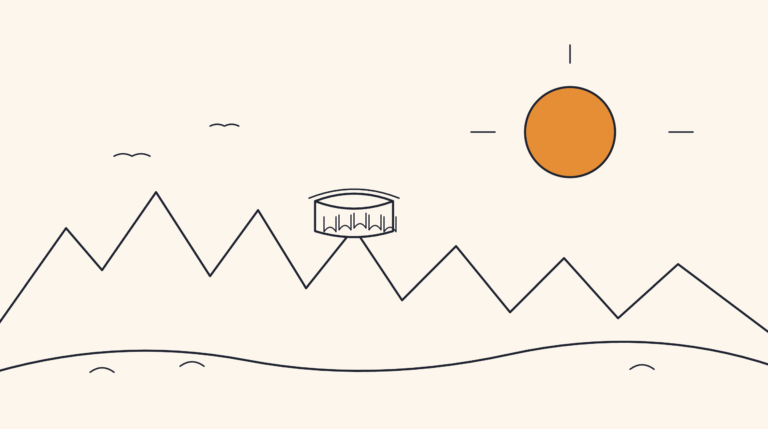 A flat line illustration of a jagged ridge of hills with a round lookout on one peak and an orange sun in the sky.