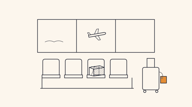 A flat line illustration of an airport gate, a row of seats under a window with a plane passing, a taped box on one seat and a carry-on with an orange luggage tag.