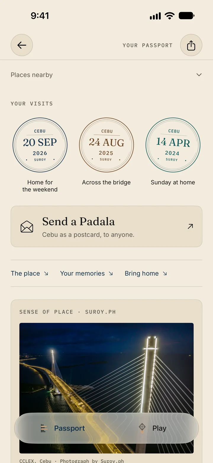 Cebu’s province page in Suroy 1.4: three visit stamps in the ink of their year, Send a Padala, and a Suroy.ph photograph of the CCLEX at night