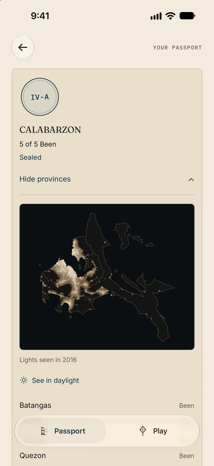 A region night portrait in Suroy 1.4: CALABARZON sealed, 5 of 5 Been, its provinces lit after dark