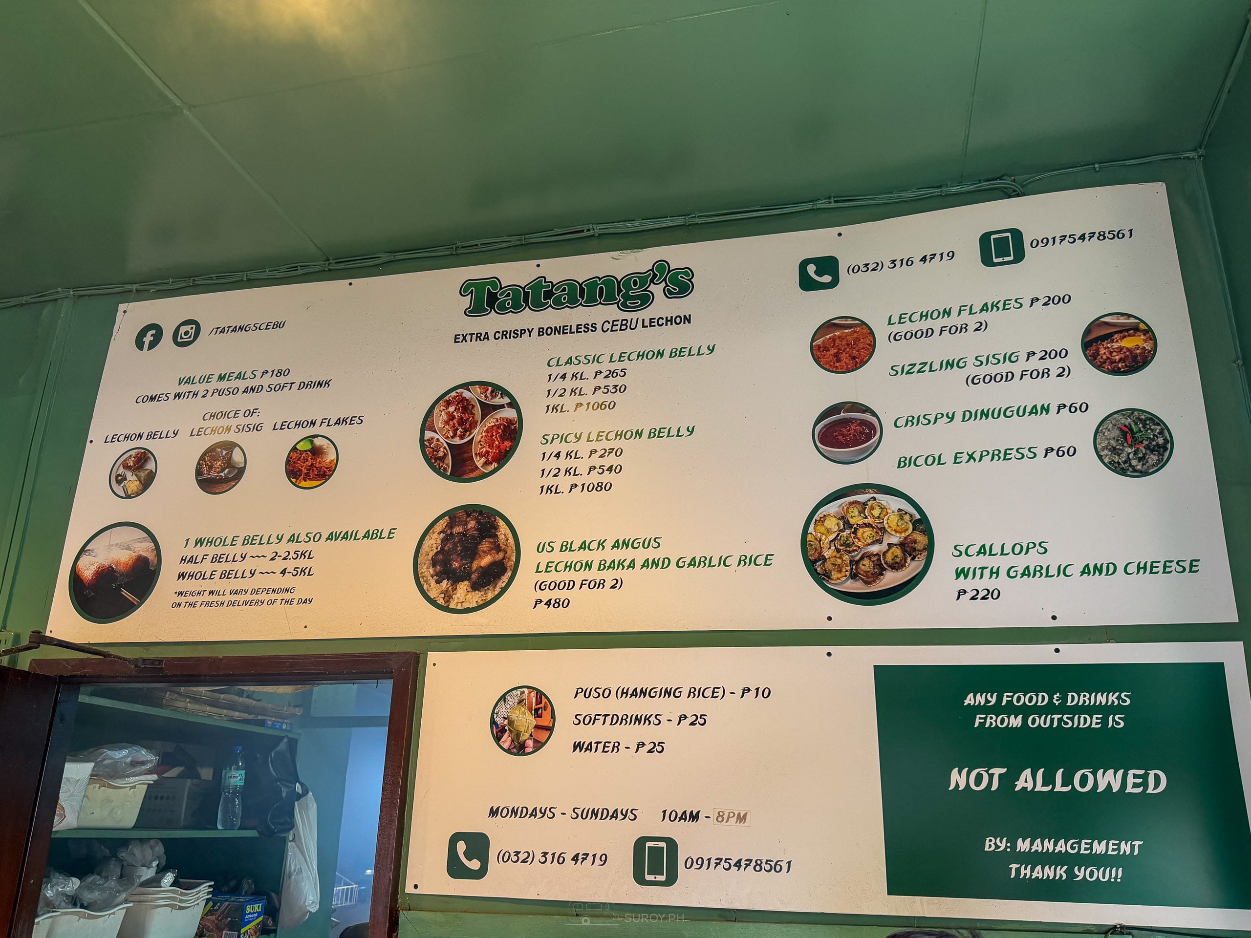 Tatang's menu board listing value meals at 180 pesos, classic and spicy lechon belly by weight, lechon flakes, sisig, dinuguan, bicol express, lechon baka and scallops